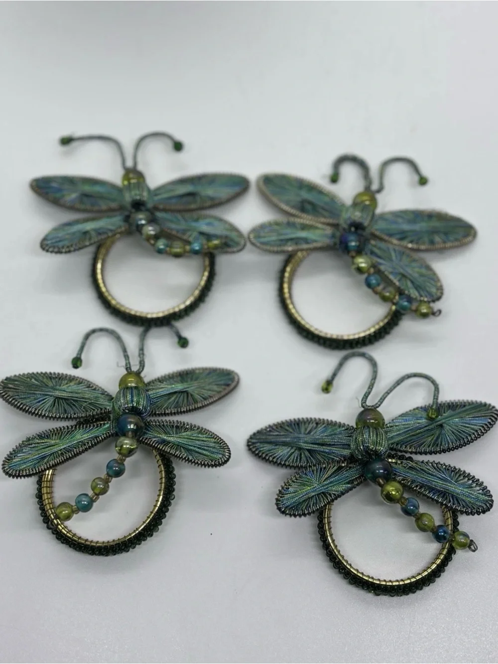 Pier 1 Set of 4 Beaded Dragonfly Napkin Rings Blue Green Wire Art Table Decor